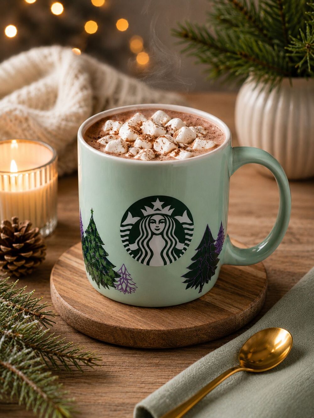 Starbucks Mint Green Forest Trees Ceramic Coffee Mug Cup 16 oz Winter Holiday